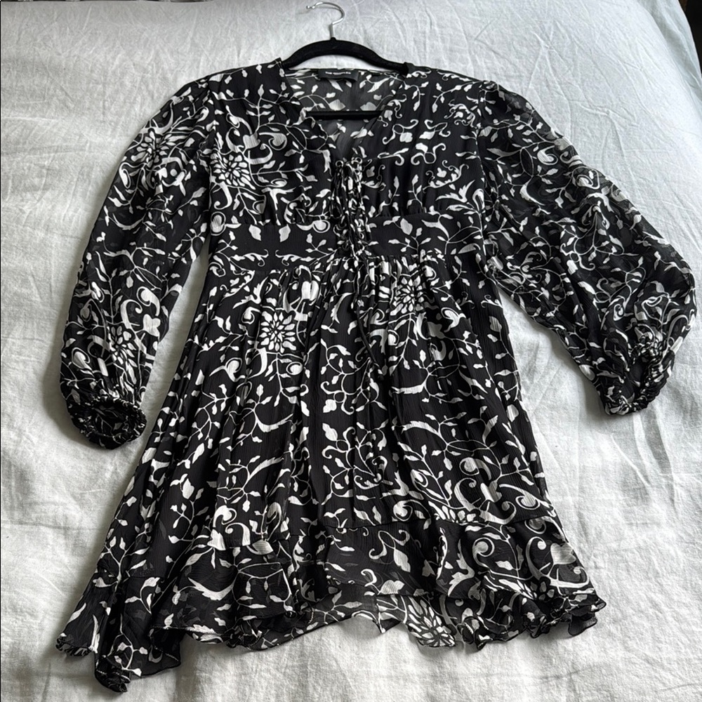The Kooples Black and White Ruffled 3/4 Sleeve Mini Dress